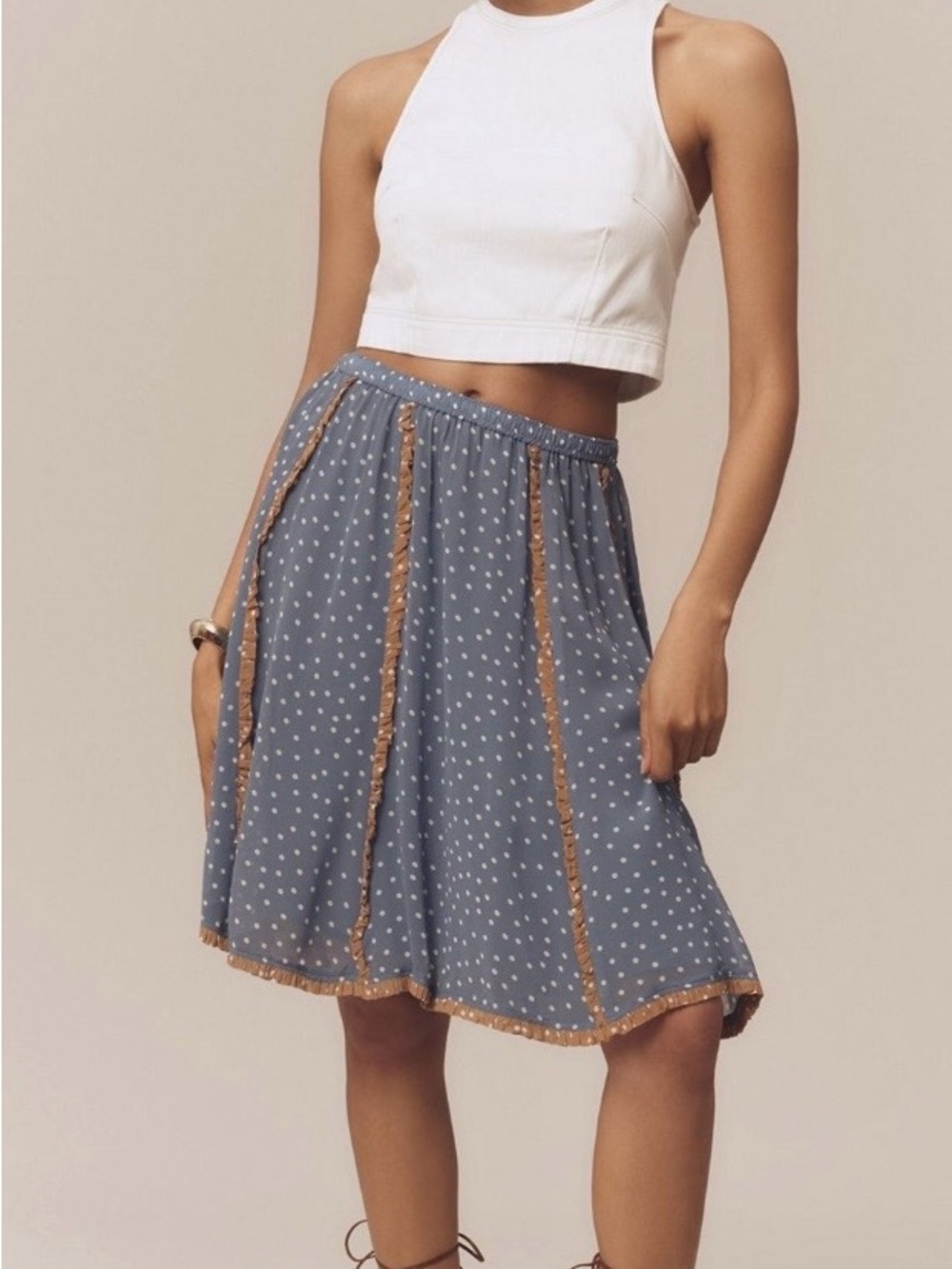 Maeve Seamed Chiffon Swing Skirt with Tan Trim